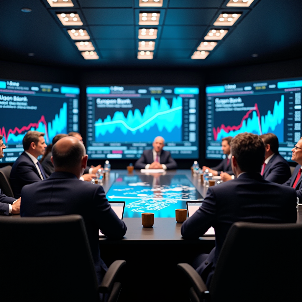 Reunião de bancos centrais globais com representantes do Federal Reserve, Banco Central Europeu e Banco da Inglaterra discutindo política monetária em uma sala de conferências moderna com gráficos econômicos e taxas de juros exibidos em telas digitais