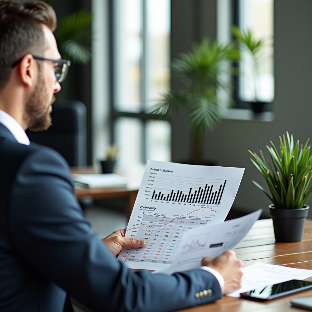 Empresário analisando gráficos de crescimento financeiro em escritório moderno, com documentos de financiamento empresarial sobre mesa executiva, ambiente profissional com plantas e luz natural