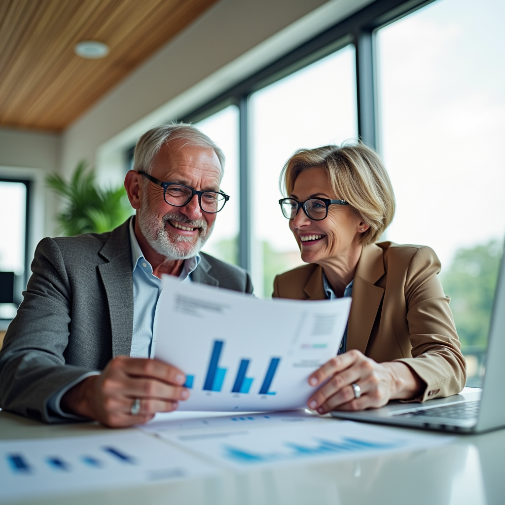 Casal maduro sorridente a rever documentos financeiros numa mesa moderna com laptop e gráficos de investimento, ambiente luminoso e profissional, conceito de planeamento de reforma