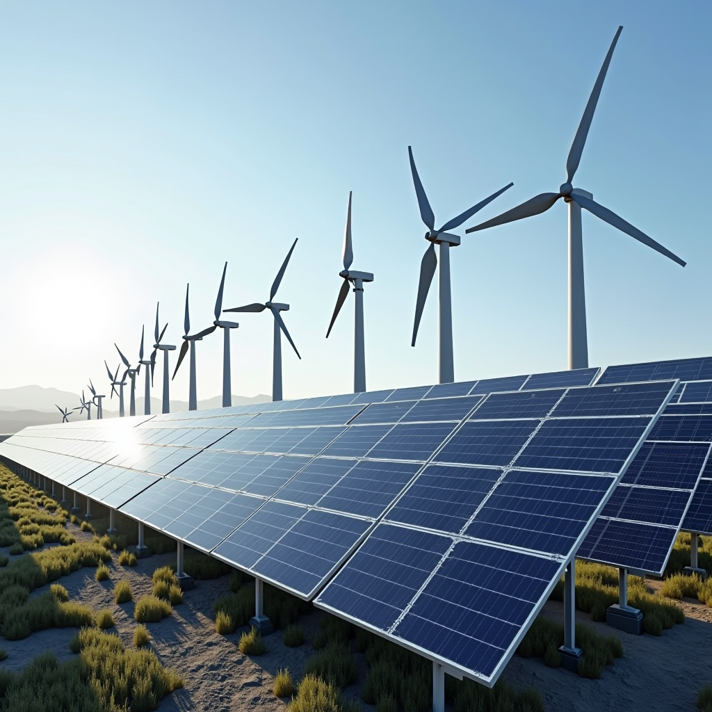 Painéis solares e turbinas eólicas em grande escala representando investimentos em infraestrutura de energia renovável com gráficos de fluxo de capital e diversificação de portfólio