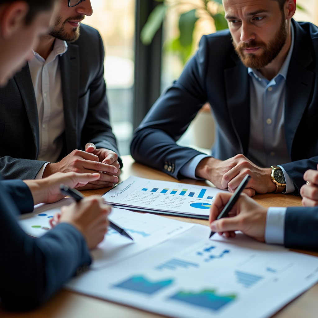 Reunião empresarial com empreendedores a rever planos de crescimento e projeções financeiras, representando financiamento empresarial
