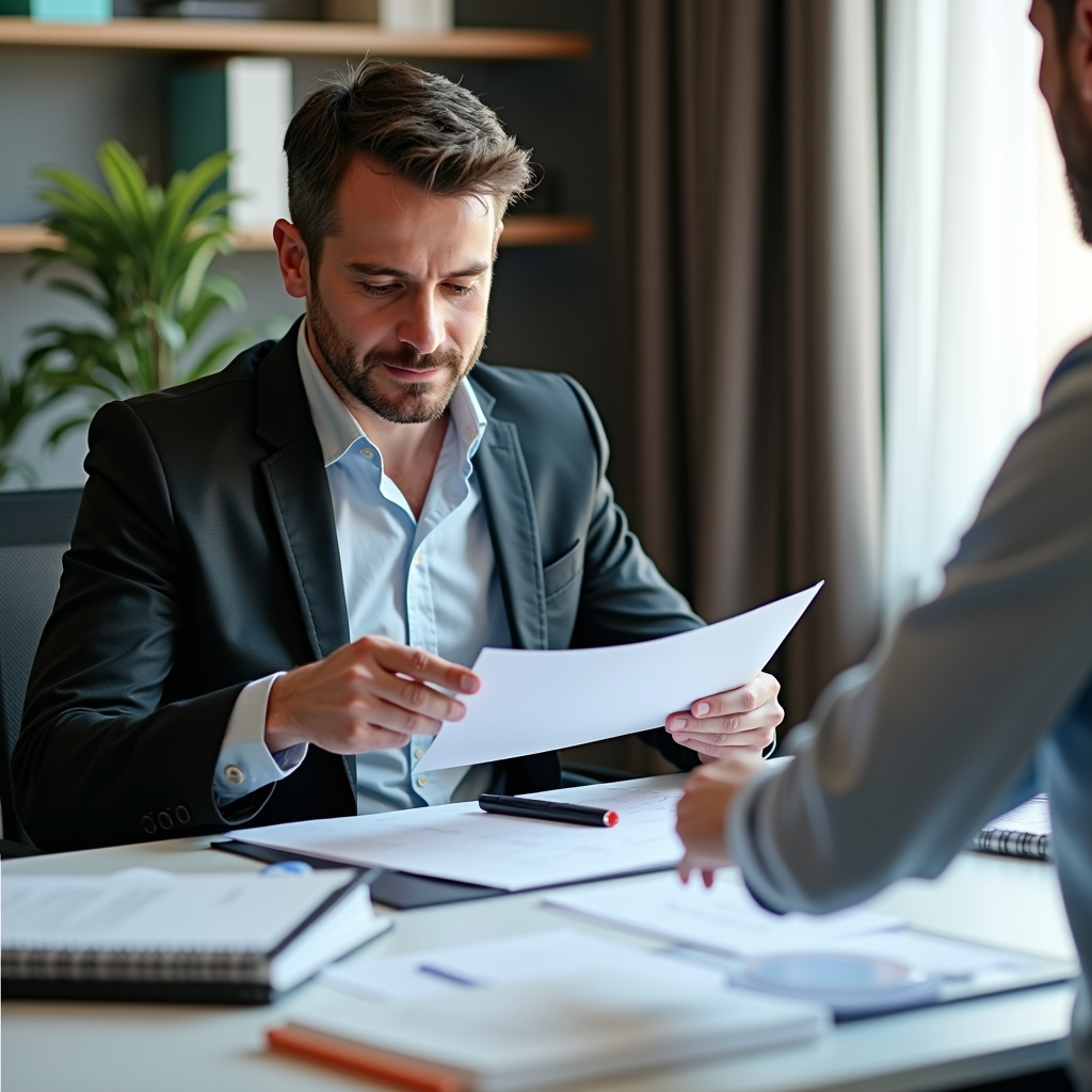 Consultor financeiro a ajudar cliente a organizar documentos e criar estratégia de recuperação, representando consultoria financeira